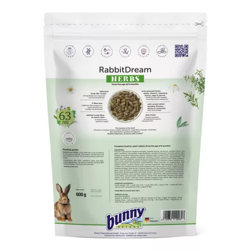 Hrană completă pentru iepuri adulți bunnyNature RabbitDream Herbs 600 g