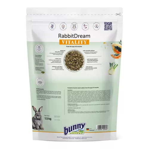 Hrană completă pentru iepuri adulți bunnyNature RabbitDream Vitality 1,5 kg