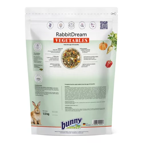 Hrană completă pentru iepuri adulți bunnyNature RabbitDream Vegetables 1,5 kg