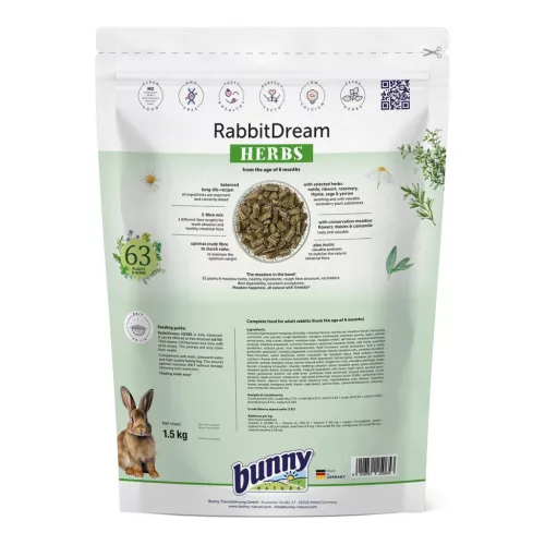 Hrană completă pentru iepuri adulți bunnyNature RabbitDream Herbs 1,5 kg